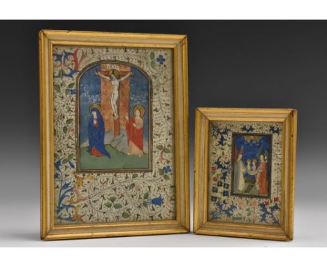 A Medieval illuminated manuscript page, probably from a book of hours, depicting the crucifiction, 17cm x 12cm, c.14th centur