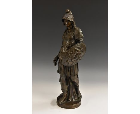 French School (19th century), a brown patinated bronze, of Minerva, she stands wearing a Phrygian type helmet, cloaked breast