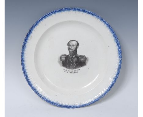 A 19th century Pearlware shaped circular plate, transfer printed in monochrome with portrait and inscribed: Z.K.H. DE PRINS V