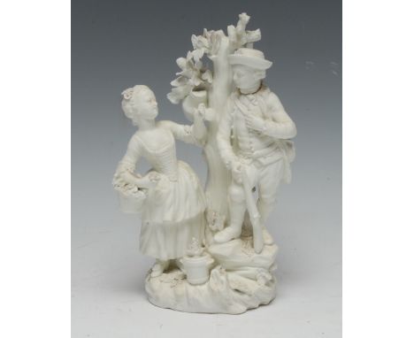 A Derby Patch Mark bisque figure group, Allegorical of Autumn, she stands holding a basket, he holds a gun, before a tree, 20