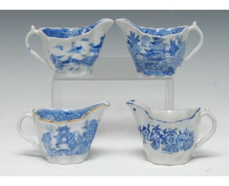 A  Caughley/Coalport low Chelsea sauce boat, printed in underglaze blue with a Chinoiserie scene, 6cm high, c.1790; others (4