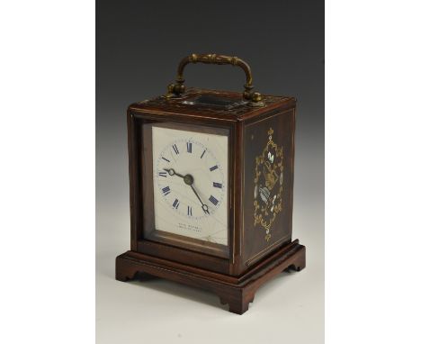 A 19th century French rosewood and marquetry carriage clock, 7cm rectangular dial inscribed Paul Garnier, Ho[rologie]r du Roi