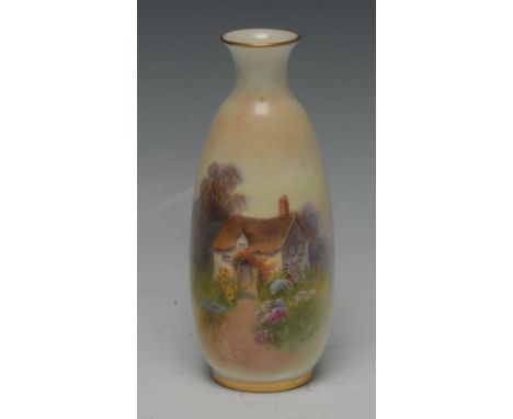 A Royal Worcester slender ovoid vase, painted by R Rushton, signed, with a thatched cottage with summer garden, gilt line bor