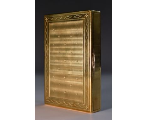 A Russian Faberge style 583/14ct gold diamond accented rectangular cigarette box, principle panel engine turned and embossed 