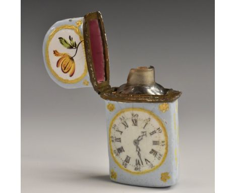 A George III Rococo Bilston enamel novelty rounded rectangular scent etui, each side decorated with a clock face, within a gi