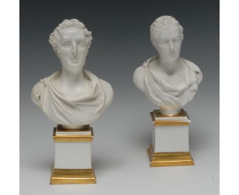 A pair of Samuel Alcock & Co porcelain portrait busts, of Arthur Wellesley, Duke of Wellington and Sir Robert Peel, each stat