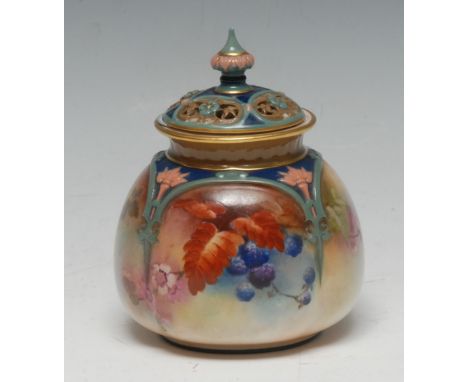 A Royal Worcester lobed ovoid pot pourri vase, printed and painted with blackberries, hellebores and foliage, the shoulders i