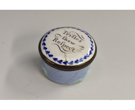 A George III South Staffordshire enamel circular bonbonniere, screw-fitting cover inscribed Trifles shew (sic) Respect, pale 