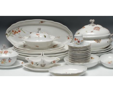 A comprehensive Meissen dinner service, outside painted by Elisabeth Wilke, comprising fifty two dinner plates, 24cm diam, si