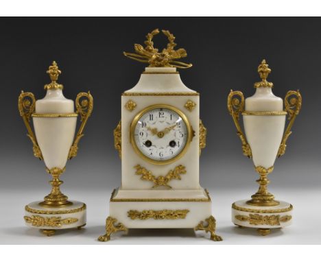 A Louis XVI Revival gilt-metal mounted white marble clock garniture, 9cm white enamel circular dial painted with Arabic numer