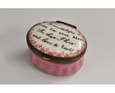 A George III South Staffordshire enamel oval patch box, hinged cover inscribed Friendship's name for ever blest, In that I li