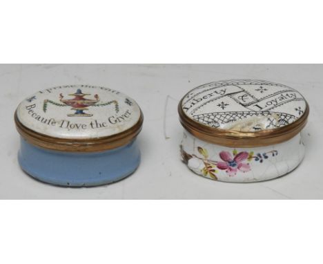 A George III South Staffordshire enamel oval patch box, probably Bilston, the cover inscribed I Prize the Gift, Because I Lov
