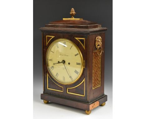 A George III mahogany and brass mahogany bracket clock, 20cm circular dial inscribed Edward Elliott, London, 4016, Roman nume