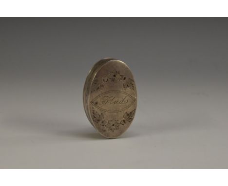 A George III silver oval patch box, bright-cut engraved and outlined with wrigglework, 3.5cm wide, Birmingham 1798