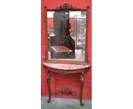 A Louis XVI style walnut console table and pier glass, carved leafy scroll and ribbon cresting, demi-lune marble top, cabriol