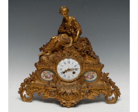 A 19th century French gilt-metal and porcelain mounted mantel clock, 6.5cm circular enamel dial inscribed Le Roy & Fils, Pala