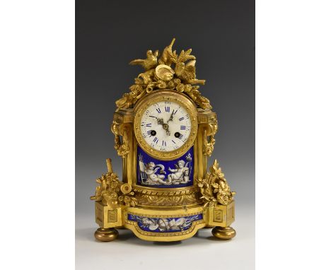 A Louis XVI Revival Sèvres porcelain and ormolu mantel clock, 7.5cm slightly convex white enamel dial inscribed with Arabic n