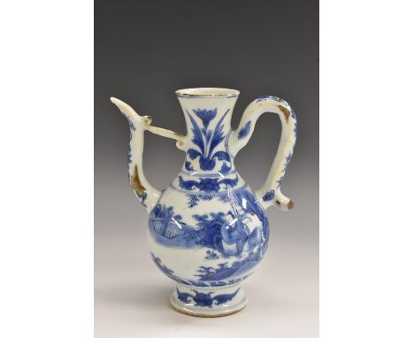 A 17th century Chinese porcelain globular libation ewer, of Islamic form, painted in underglaze with two youths attending an 