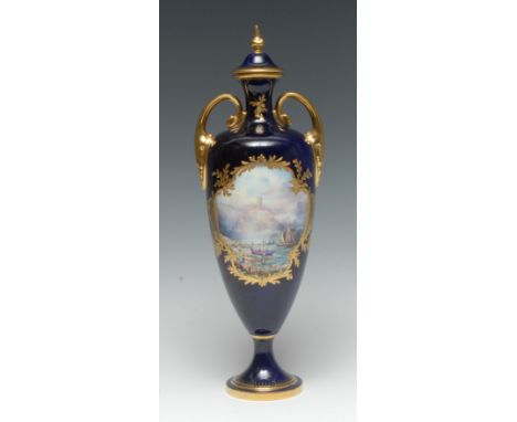 A Lynton porcelain slender ovoid pedestal vase, painted by Stefan Nowacki, signed, with a monastic citadel overlooking a harb