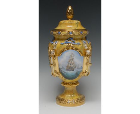 A Lynton porcelain ovoid vase and cover, of Sèvres Louis XVI design, painted by Stefan Nowacki, signed, with British men-of-w