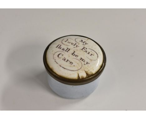 A George III South Staffordshire enamel circular bonbonniere, the screw-fitting cover inscribed My Lovly (sic) shall be my Ca