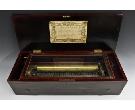 A 19th century Swiss rosewood and marquetry rectangular music box, 32.5cm cylinder playing 8 airs on a one-piece comb, cranki