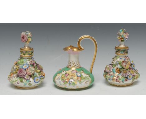 A pair of English Porcelain scent bottles, probably Spode, encrusted with colourful flowers, 17cm high, c.1840; a Bloor Derby