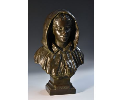 Gustave Pickery (1862 - 1921), a dark patinated bronze, Brugghe, portrait bust of a young beauty wearing a cloak, stepped squ