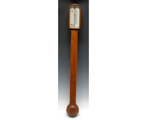 A Victorian oak stick barometer, 7cm register inscribed Pastorelli &amp; Rapkin Ltd, 46 Hatton Garden, London, turned cistern