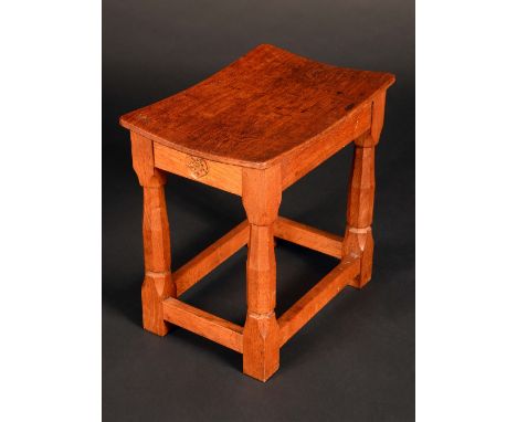 Mouseman Yorkshire Critters - an oak stool, probably Thomas Barnes, dished rectangular top, panelled legs, rectangular stretc