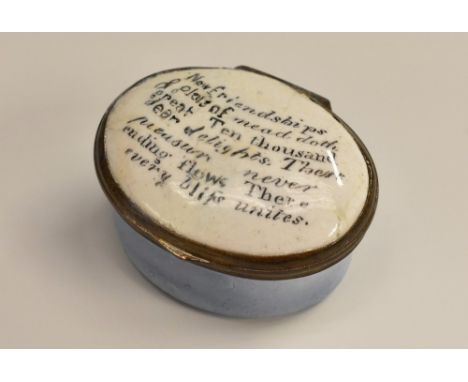 A George III South Staffordshire enamel patch box, the hinged cover printed in black script with friendly verse, New friendsh