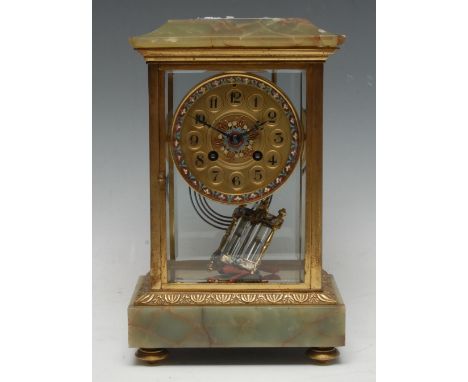 A 19th century French champlevé enamel, green onyx and gilt brass four-glass mantel clock, 10cm circular dial inscribed with 