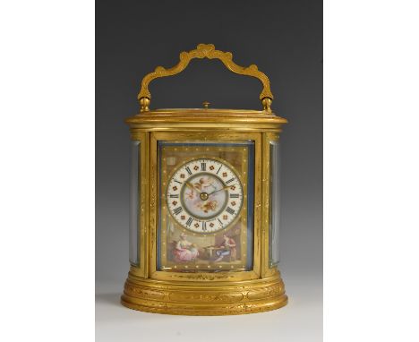 A 19th century Sèvres porcelain and ormolu five-glass oval repeating carriage clock, retailed by E. Dobell, Hastings, 5.5cm c