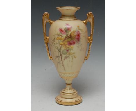 A Royal Worcester two handled pedestal ovoid vase, printed and painted with thistles on a blush ivory ground, stepped circula