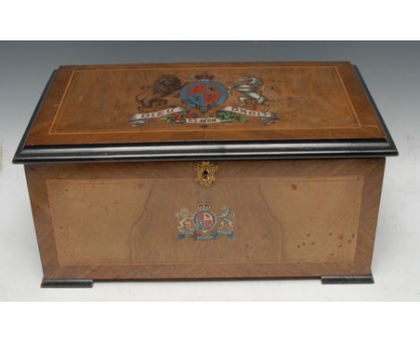 A Victorian rectangular walnut music box,  the cover and front with polychrome Royal Coat of Arms prints,  Swiss movement pla