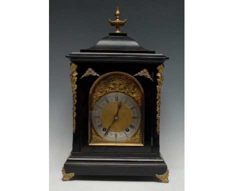 A 19th century gilt-metal mounted ebonised bracket clock, of mid-18th century influence, 12cm silvered chapter ring inscribed