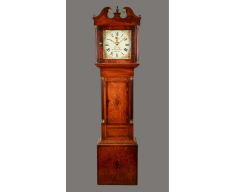 A George IV oak and mahogany longcase clock, 30cm square enamel dial inscribed John & Edward Mason, Worcester, the dial paint