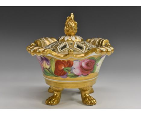 A Coalport pot pourri and cover, well painted with large flowers on a gold ground, bold gilt paw feet, flame finial, 13cm hig