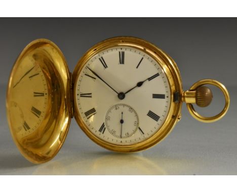 A George V 18ct gold full hunter cased pocket watch, white enamel dial, Roman numerals, minute track, subsidiary seconds, blu