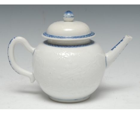 An 18th century Chinese Export 'bianco-sopra-bianco' porcelain Fence pattern globular teapot and cover, underglaze blue cell 