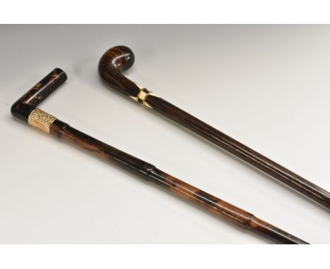 A 19th century gentleman's coromandel walking stick, shillelagh-type handle, inlaid with chevrons, horn tip, 91cm long; a lat