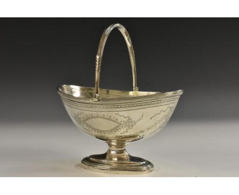 Paul Storr - a George III silver boat shaped pedestal sugar basket, of substantial gauge, bright-cut engraved with wrigglewor