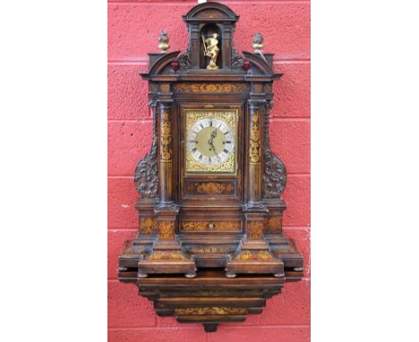 A substantial 19th century Continental architectural gilt-metal mounted walnut musical bracket clock, 19cm rectangular bras d