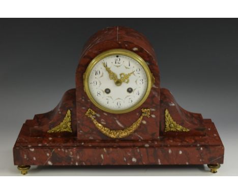 A Louis XVI design specimen rouge marble mantel clock, 10.5cm slightly convex white enamel dial inscribed with Arabic numeral
