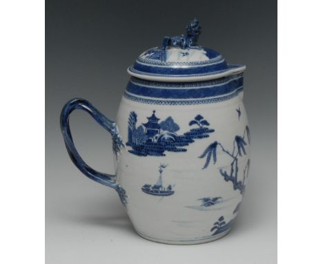 A rare 18th century Chinese Export porcelain barrel-shaped covered cider jug, of silver shape, well painted in underglaze blu