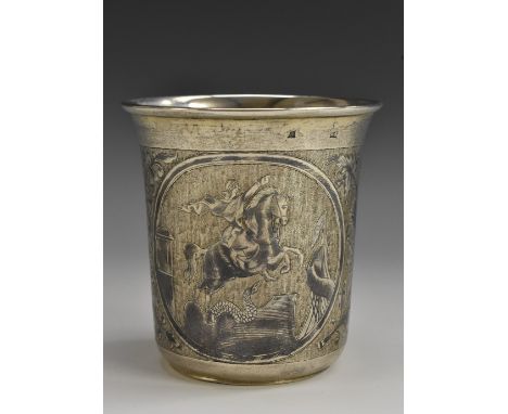 A Russian silver and niello flared beaker, decorated with a view of Palace Square, St Petersburg, to verso with the equestria