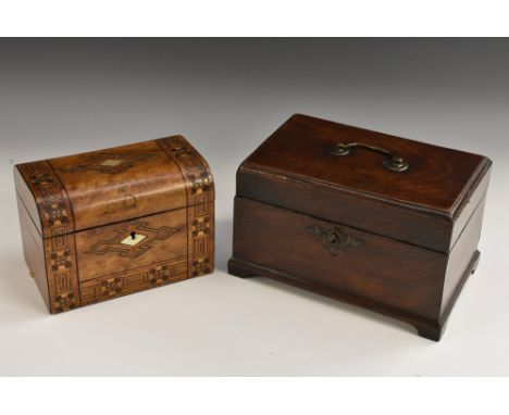 A George II/early George III mahogany rounded rectangular tea caddy, hinged cover with brass swan neck handles, enclosing thr