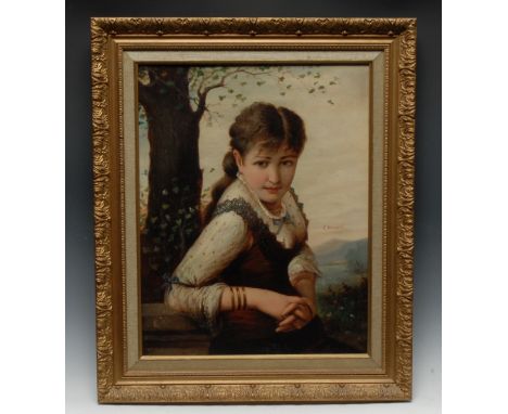 F. Castelli (Italian, 19th century)Portrait of a Young Lady, half-length, dressed a la mode, resting against a tree, a lakesi