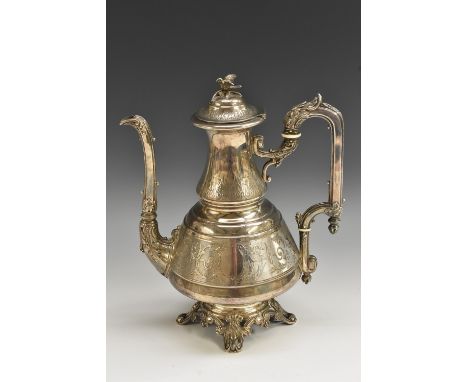 A 19th century French silver coffee pot, hinged domed cover with bird finial, acanthus-grasped angular scroll handle, engine 