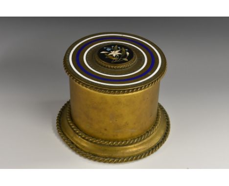 A 19th century Derbyshire Ashford marble mounted gilt metal and enamel cylindrical dressing table casket, the push-fitting co